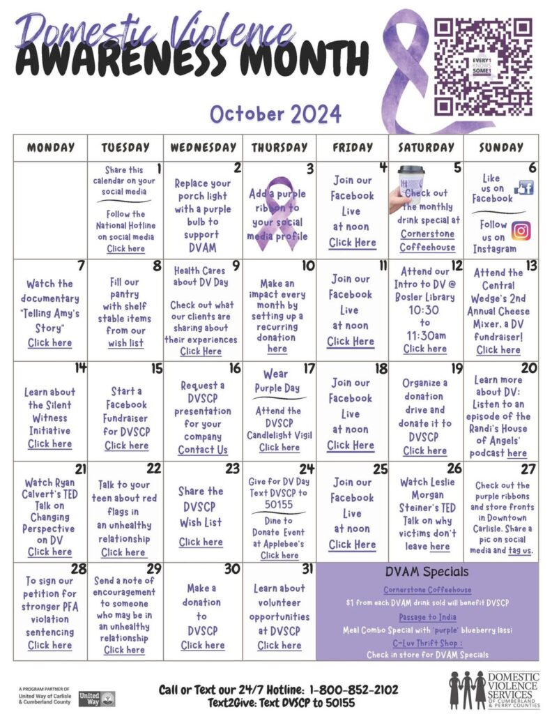 Learn more and get involved this #DVAM with our October Action Calendar. Click the link below (or scan the QR code on the image) for a daily action item to help build your education and awareness of domestic/intimate partner violence, plus fun, easy ways you can get involved! 💜 https://www.dvscp.org/dvam-action-calendar/ #Every1KnowsSome1 #dvam2024