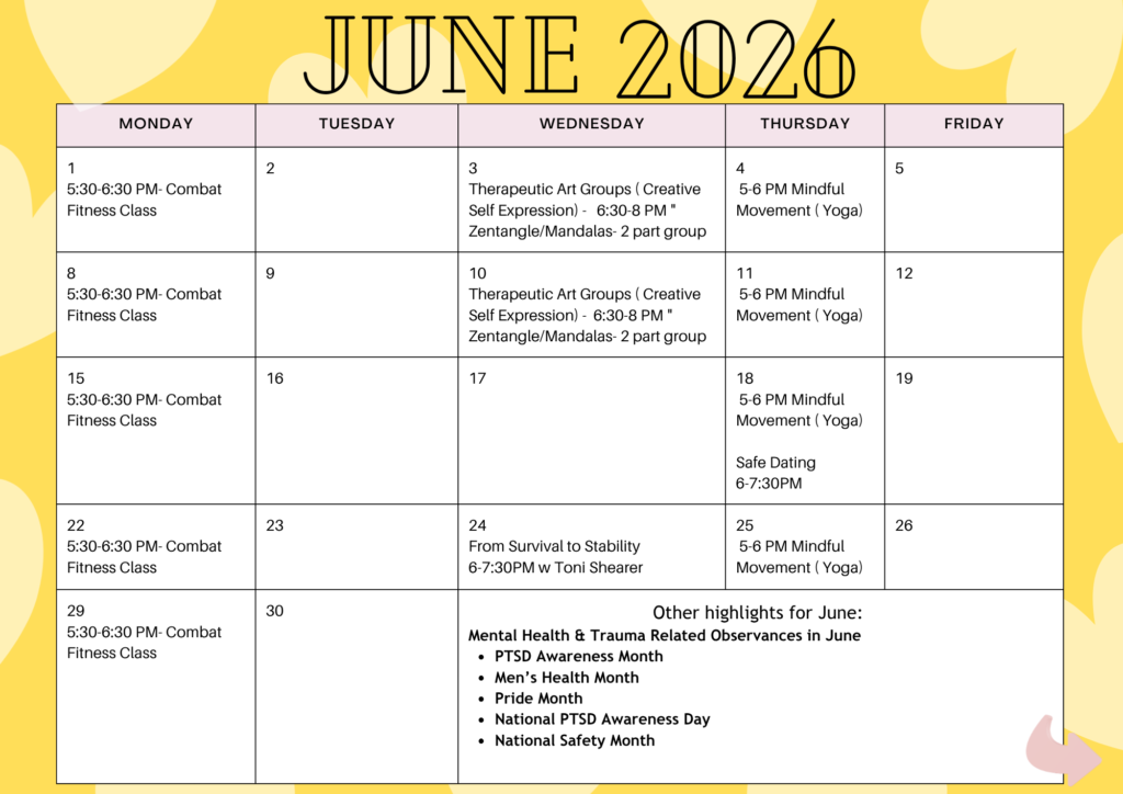 We’re excited to share this month’s groups and wellness offerings at Center for Hope and Healing!